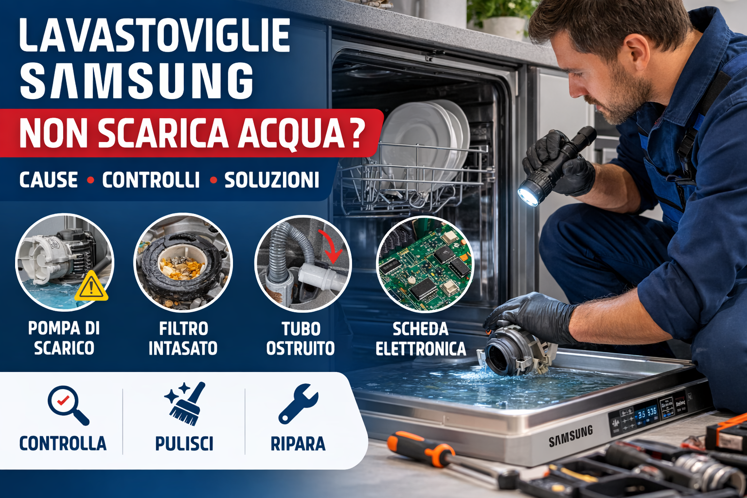 Lavastoviglie Samsung non scarica acqua: cause, controlli e soluzioni