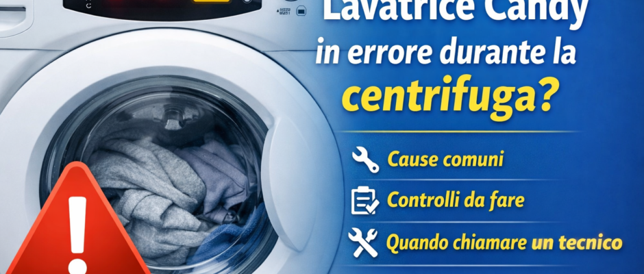 Lavatrice Candy che mostra un errore durante la centrifuga con segnale di avviso sul display.