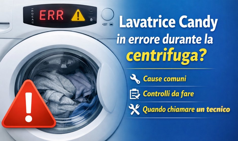 Lavatrice Candy che mostra un errore durante la centrifuga con segnale di avviso sul display.
