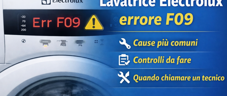 Lavatrice Electrolux che mostra il codice errore F09 sul display.