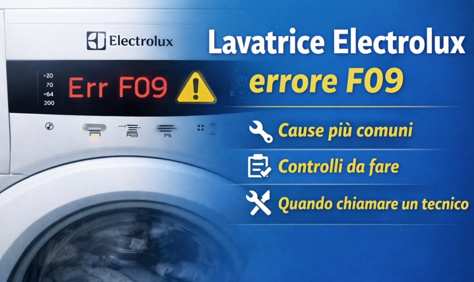 Lavatrice Electrolux che mostra il codice errore F09 sul display.