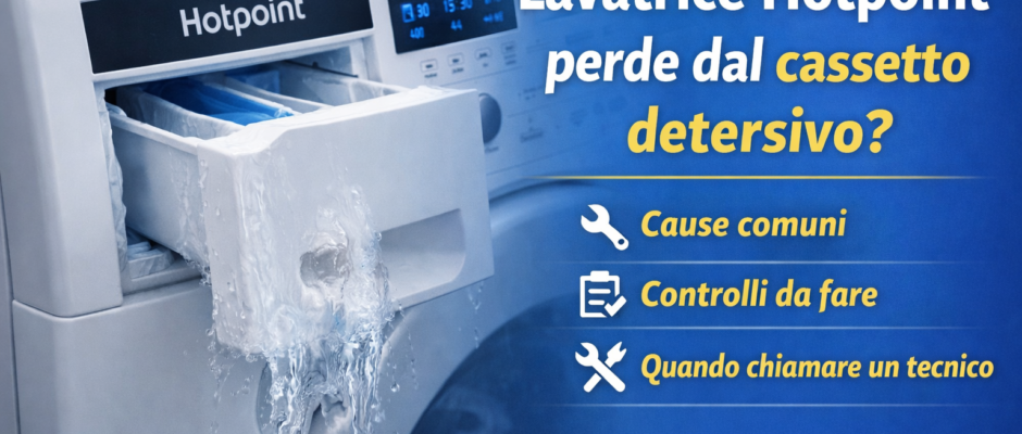 Lavatrice Hotpoint che perde acqua dal cassetto del detersivo durante il ciclo di lavaggio.