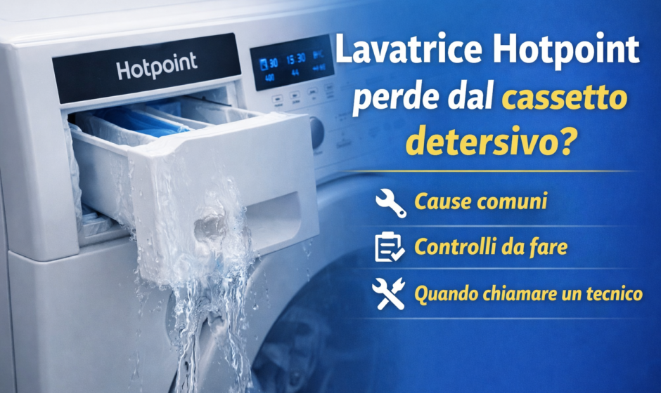 Lavatrice Hotpoint che perde acqua dal cassetto del detersivo durante il ciclo di lavaggio.