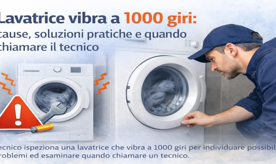 Tecnico controlla una lavatrice che vibra a 1000 giri durante la centrifuga per individuare le cause del problema e capire quando è necessario chiamare l’assistenza.