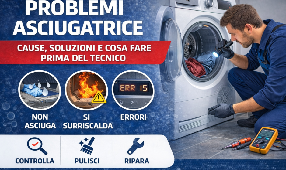 Tecnico che controlla un’asciugatrice aperta per individuare problemi comuni come asciugatrice che non asciuga, surriscaldamento o errori sul display.