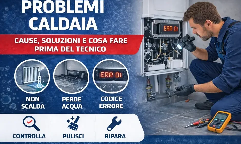 Tecnico che controlla una caldaia aperta per individuare problemi comuni come caldaia che non scalda, perdita d’acqua o codici errore.
