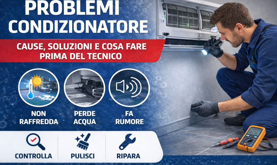 Tecnico che controlla un condizionatore split aperto per individuare problemi comuni come condizionatore che non raffredda, perdita d’acqua o rumori anomali.